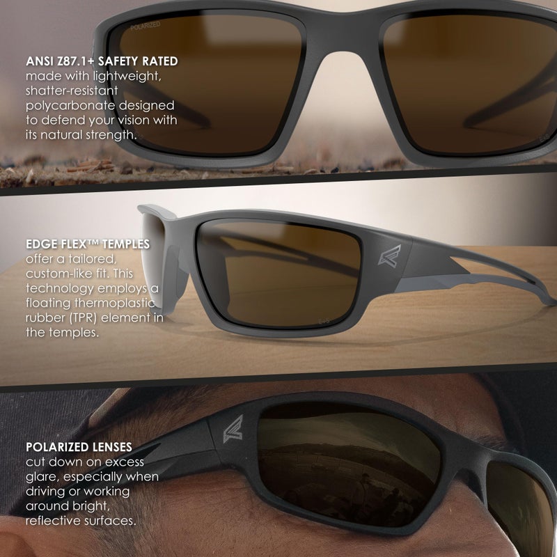 Edge نظارات أمان EDGE Kazbek المستقطبة، مضادة للخدش، غير قابلة للانزلاق، UV 400، درجة عسكرية، متوافقة مع ANSI/ISEA و MCEPS، بعرض 5.04 بوصة، إطار أسود/عدسة نحاسية - Image 5